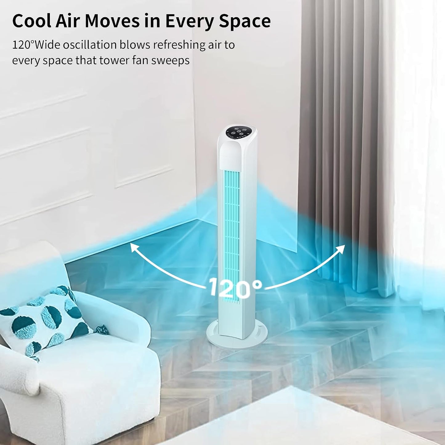 Uthfy Oscillating Tower Fan for Bedroom, Portable Standing Fan with Remote, 3 Modes 3 Speeds, 7.5H Timer, 120° Quiet Cooling for Living room, Office, Black
