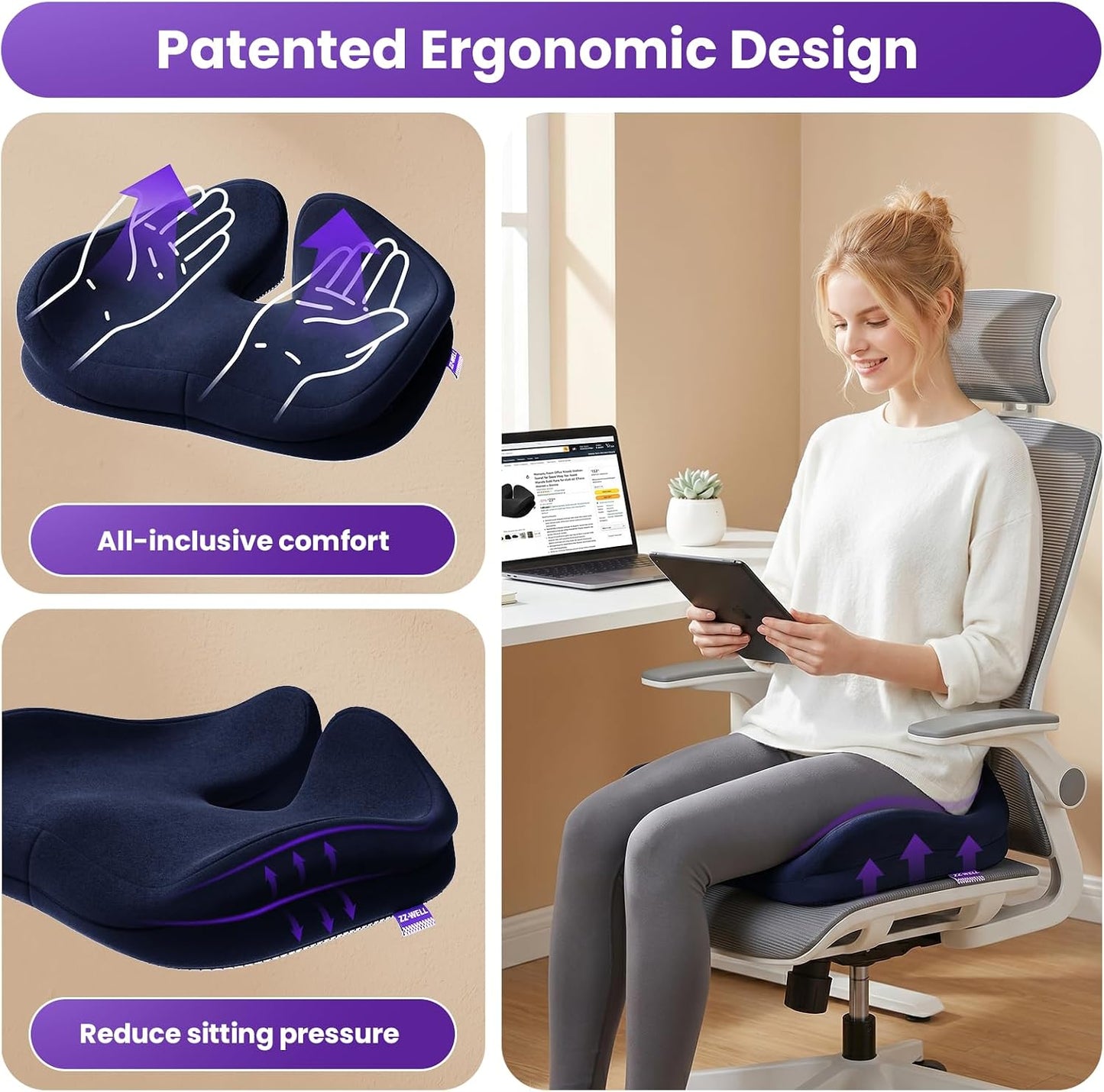 ZZ-WELL Seat Cushion for Office Chairs, Black, 21.2 Inches | Coccyx Cushion for Tailbone Pain, Memory Foam, Extra Large Thick, Patented Pressure Relief, Computer Gaming Chair