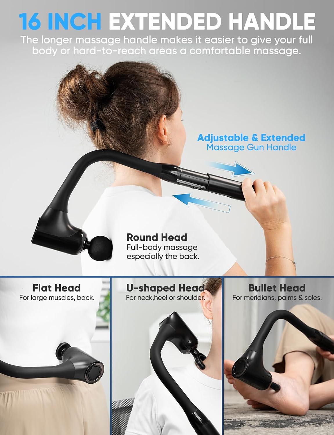 FVZ Massage Gun for Deep Tissue Back Massage with Extended Handle, Black