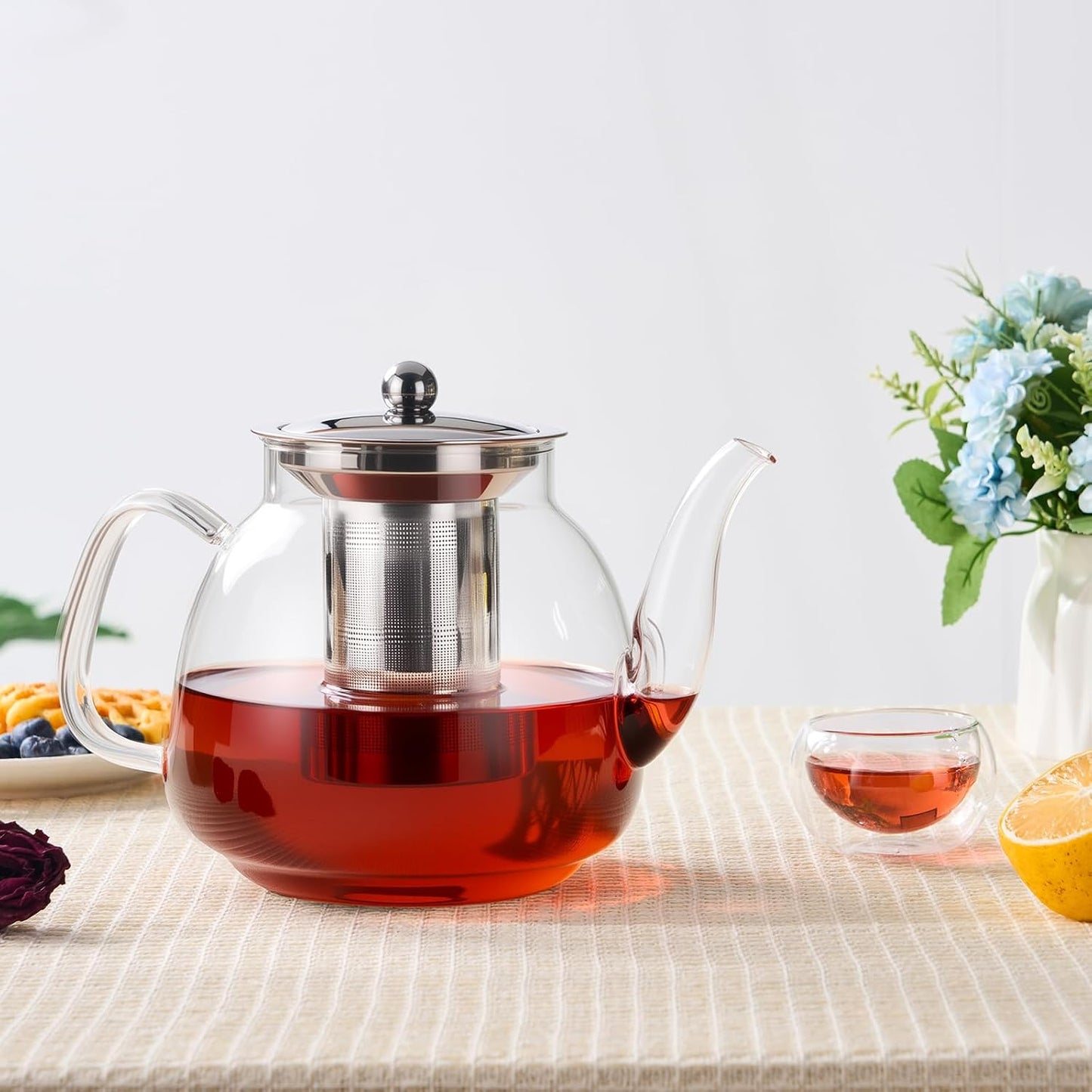 PARACITY Glass Teapot Stovetop 40 OZ/1200ml, Borosilicate Clear Tea Kettle with Removable 18/8 Stainless Steel Infuser, Teapot Blooming and Loose Leaf Tea Maker Tea Brewer for Camping, Travel
