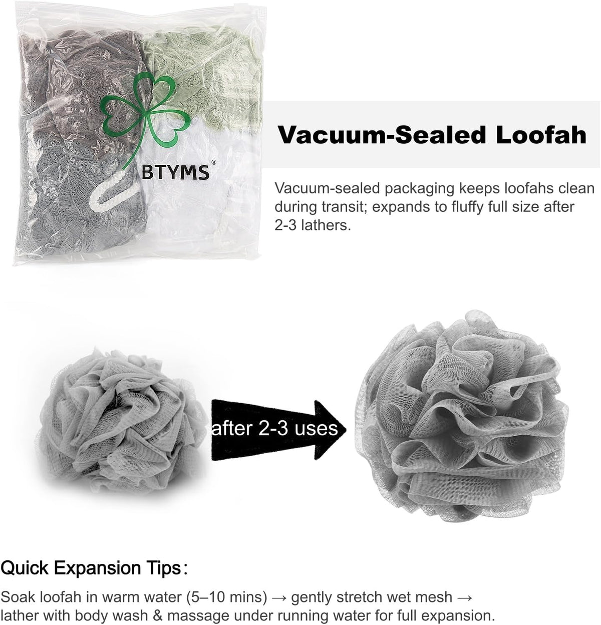BTYMS 75g/Pc Large Loofahs Shower Sponge, Exfoliating Body Scrubber Shower Scrunchies Mesh Pouf Bath Sponges - Pack of 6