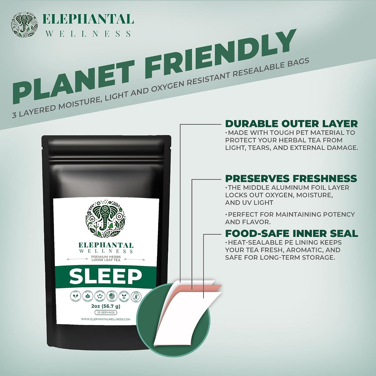 Elephantal Wellness Premium Sleep Herbal Tea | Botanical Blend with Valerian Root, Passionflower, Chamomile, Lemon Balm & Skullcap | Handmade, Caffeine-Free, Non-GMO Loose Leaf Blend, 2oz, 20 Servings