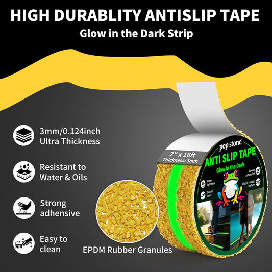 Waterproof Anti-Slip Traction Tape, Glow-in-the-Dark | 2" X 16.5ft | Heavy-Duty EPDM Rubber, Strong Grip & Resilient Foot Contact | Indoor & Outdoor Solution for Pool, Bath, Ramps, Stairs