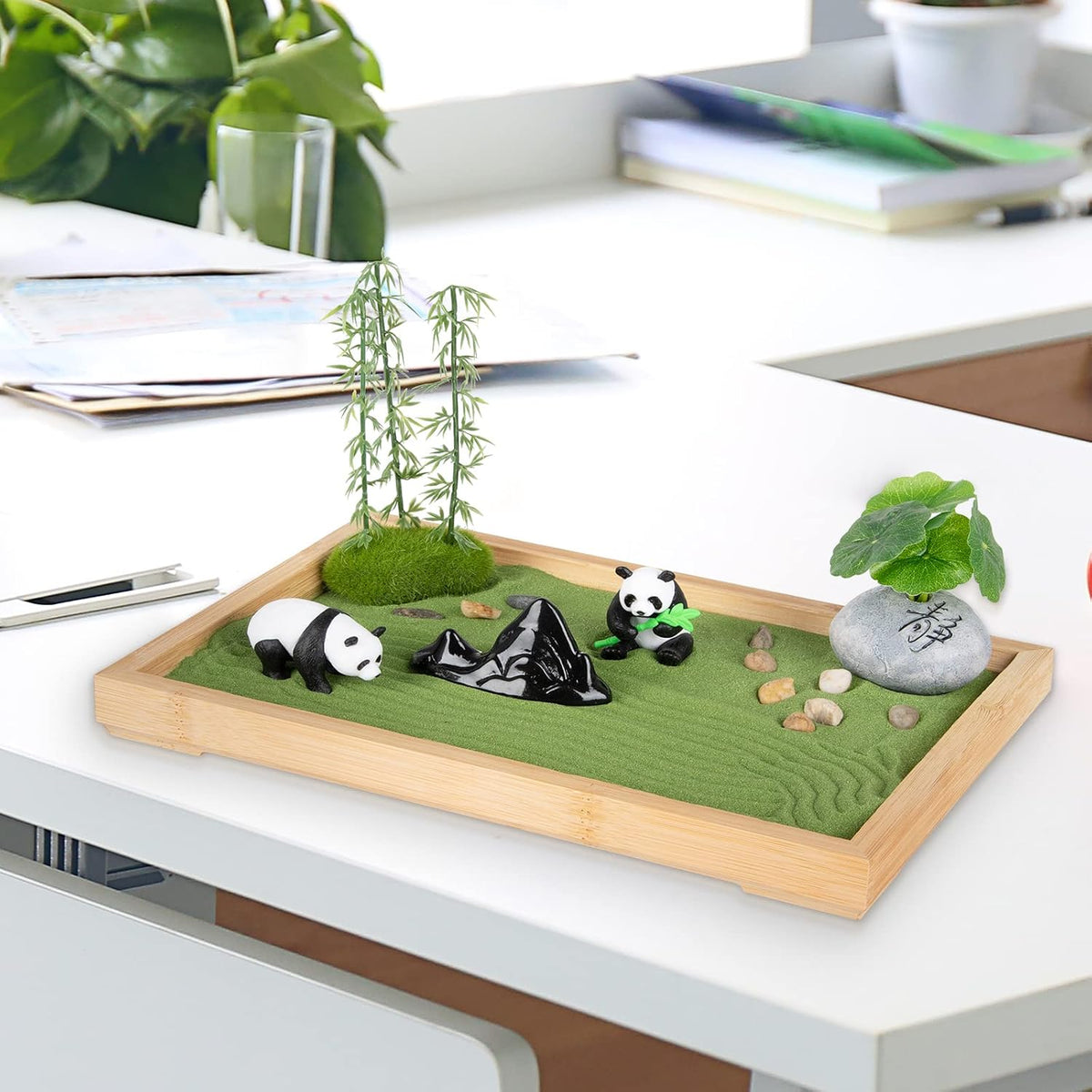 Zen Garden Kit for Desk 11''x7.5'' Room Decor with Green Sand, Panda Decorative Ornaments, Haystack, Ceramic Mountain, Stones and Rakes (Panda Bamboo)