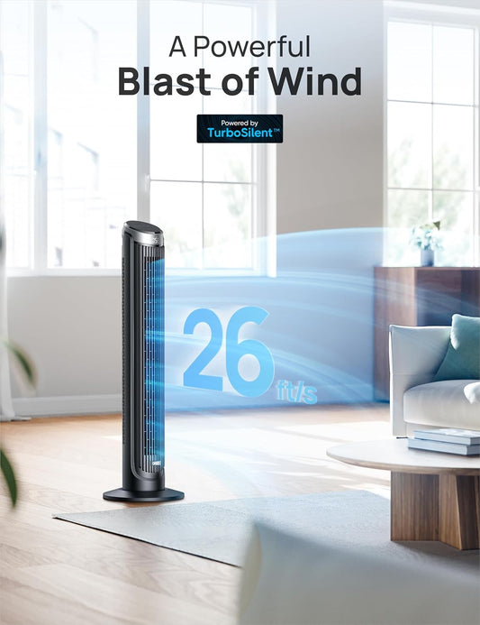 DREO Tower Fan for Bedroom, 90° Oscillating Fans that Blow Cold Air, 5 Speeds, 4 Modes with 26ft/s Velocity, 12H & 28dB Quiet Timer, Remote, Touch, 40" Standing Floor Fan for Home Office, Black
