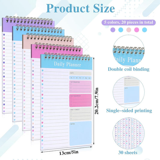 20 Pack To Do List Notepad, Daily To Do List Notebook, 5" x 8" 30 Sheets Spiral Paper Planner Notebook, A5 Undated Daily Planner Notepad with Checklist for Office Planning, Schedules