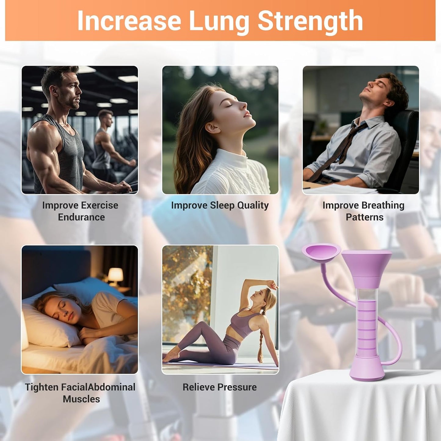 Deep Breathing Trainer, Adult Abdominal Weight Loss Trainer, Easy to Use and Clean, Breathing Dumbbell with 5-Speed Adjustable Type-C Charging Model (Purple)