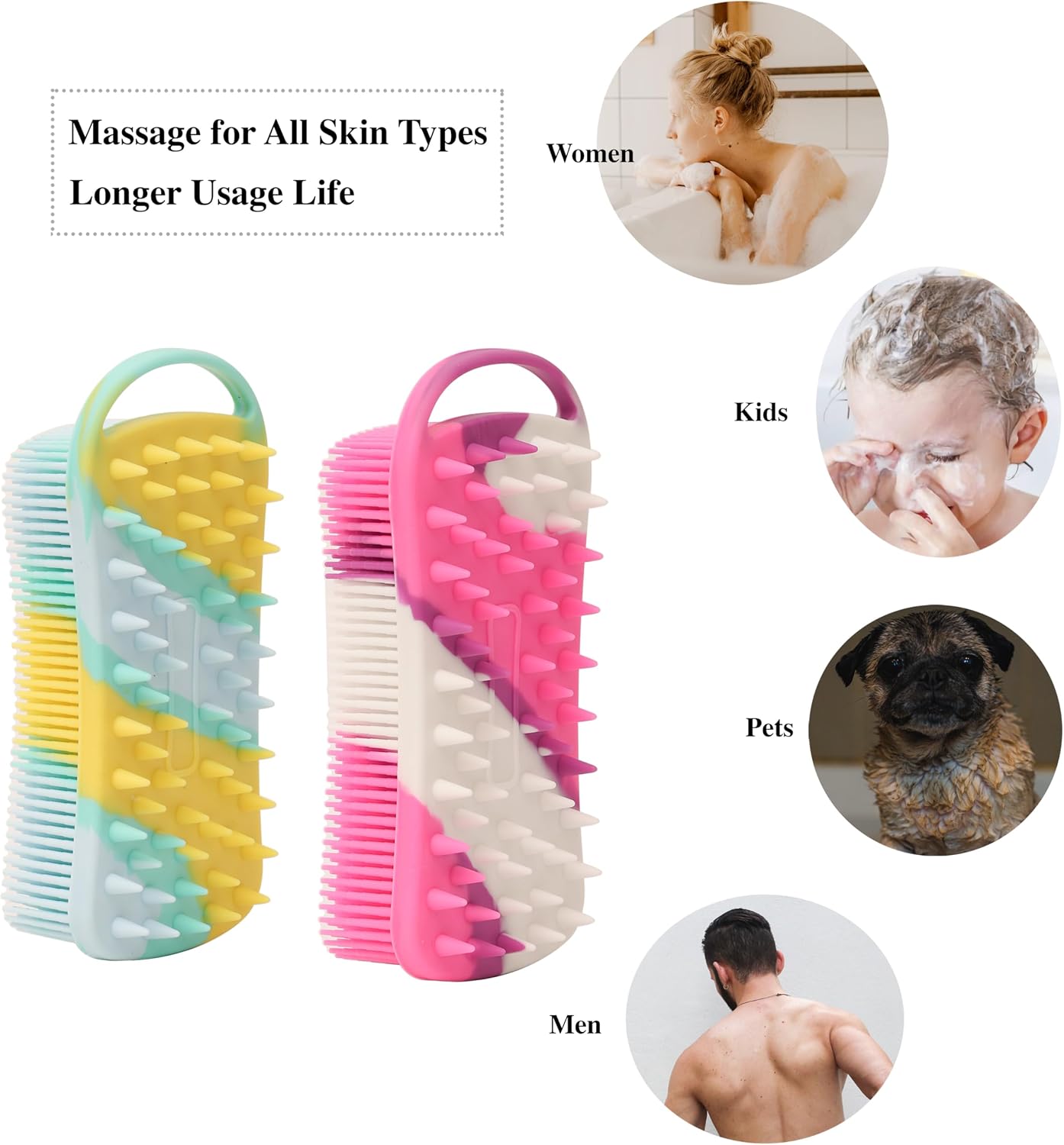 MtBoi 2 PC Silicone Body Scrubber, 2 in 1 Exfoliating Shower Bath Scrubber, Soft Silicone Loofah for Sensitive Skin, Shower Hair Scalp Massager, Easy to Clean, Lather Well (Grey&Black)