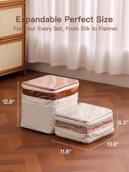 CoiiJoii 3 Pack Sheet Organizers And Storage, Double Side Clear Hard Shell Window. Expandable Blanket Storage Bags, Large Stackable Closet Storage Bins.