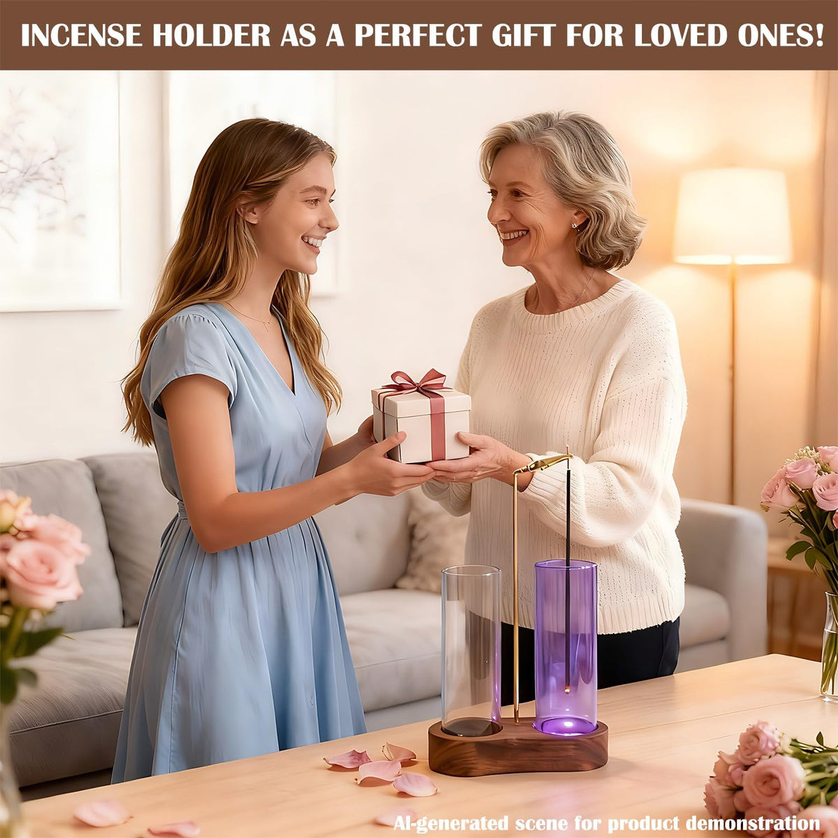 Glass Glowing Incense Holder - Modern Double Tube Incense Stick Burner with Ash Catcher - Aesthetic 2-in-1 Fragrance Display for Palo Santo, Sage & Candles - Zen Decor for Yoga & Meditation
