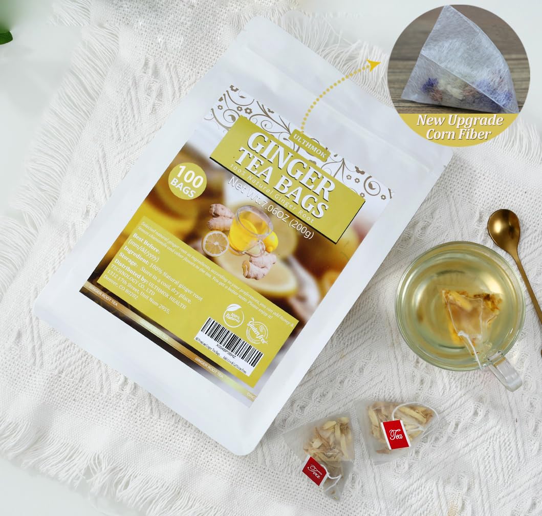 100 Premium Ginger Tea Bags/7.06 Oz, Made with 100% High-Spiciness Ginger Root, Full of Flavor & Spicy, Support Digestion & Boost Immunity, No Additives & Caffeine Free.
