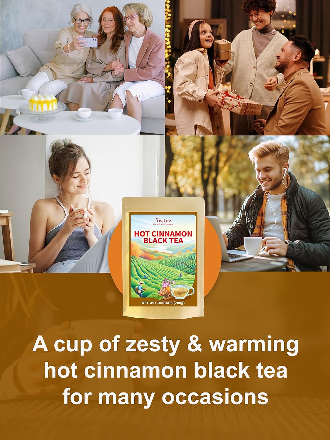 TeeLux Hot Cinnamon Black Tea Bags, Black Tea with Warming Spices, 100Count