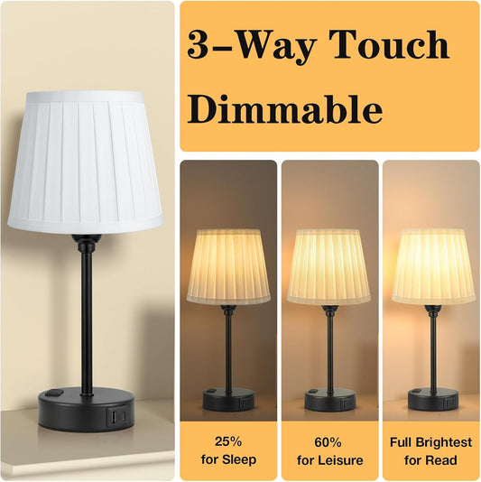 Mini Bedside Lamps for Bedrooms Set of 2 - Nightstand Bedroom Lamps with USB C Port and AC Outlet Charging, Dimmable Touch Small Bed Side Table Lamp, Black Night Stand Light for Kids/Guest Room