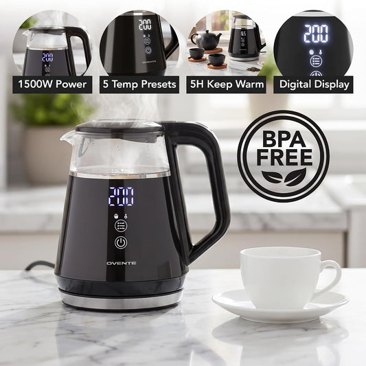 OVENTE 1L Electric Kettle with Temperature Control, 1500W, Black KD95B