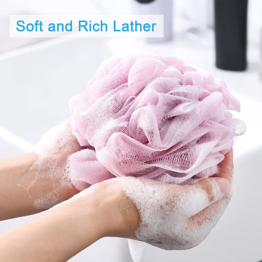 AmazerBath Loofah Sponge 75g/Piece, Exfoliating Bath Sponge Body Scrubber - Loofa Set of 4 Flower Color (Large, Green-Purple)