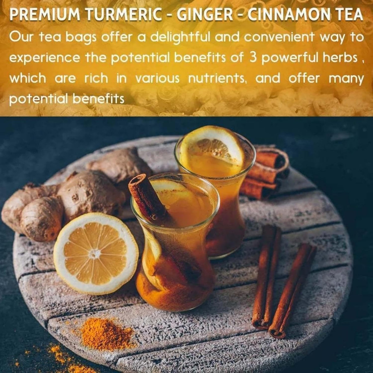 Premium Turmeric Ginger Cinnamon Tea Bags, Natural Pure Turmeric Blend Herbal Tea for digestive and immune support, Sugar-free, 50 Teabags/3.53oz