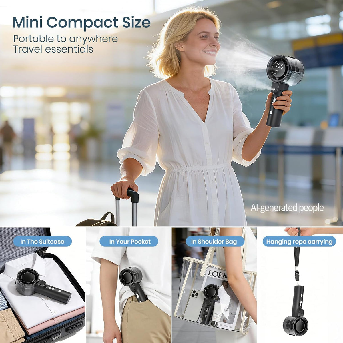 Handheld Misting Fan, 14000 RPM 4000mAh Rechargeable 50ml Tank, 2 Mist Modes Digital Display, Ultra Quiet 38dB USB C Portable Spray Fan for Outdoor Hiking Travel Office Beach Camping