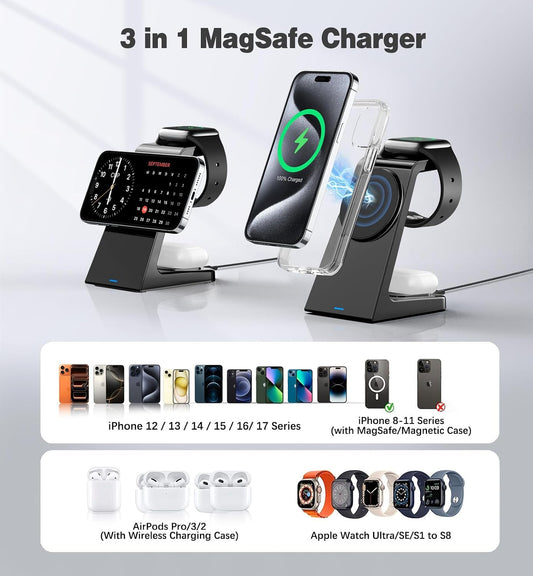 3 in 1 Magnetic Wireless Charging Station Apple 20W Charger Stand Magnetic Wireless Charger for iPhone 16 15 14 13 12 Pro/Pro Max/Plus/Mini AirPods 2/3/Pro iWatch Ultra/8/7/SE/6/5/4/3/2 (3 in 1)