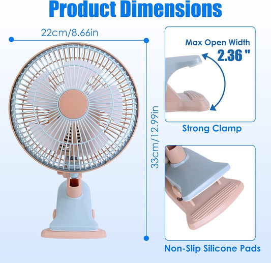 8.66in Oscillating Clip On Fan, 2 Speeds Quiet Clamp Fan with 4FT Cord