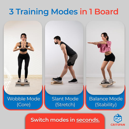 Slant Board for Exercise, 3-in-1 Wooden Calf Stretcher, Rocker Balance Board and 360° Wobble Board, 5 Adjustable Angles, Anti-Slip Surface, Training Poster Included