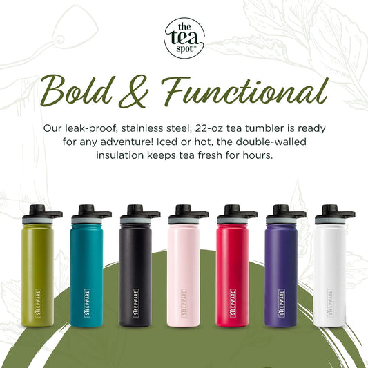 The Tea Spot Steepware Tea Tumbler and Thermos, 22oz, Tea Bottle with tea infuser for loose leaf tea or iced coffee, Sleek Double Wall Tumbler & Insulated Travel Bottle - Teal
