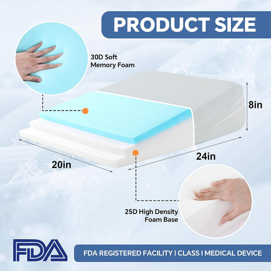 Adjustable Wedge Pillow, Q-max 0.35 Cooling Cover, 4 Heights Incline Pillow | 4 Adjustable Heights (2,4,6,8in), Memory Foam, Breathable Washable Cover, for GERD/Snoring/Back Pain/Leg Elevation