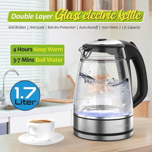 NISVITU 1.7L Dual Wall Cool Touch Electric Kettle, BPA-Free Borosilicate Glass Inner, PC Outer, 1500W Fast Boil Cordless Hot Water Boiler & Electric Tea Kettle, Keep Warm, Auto Shut-Off, White