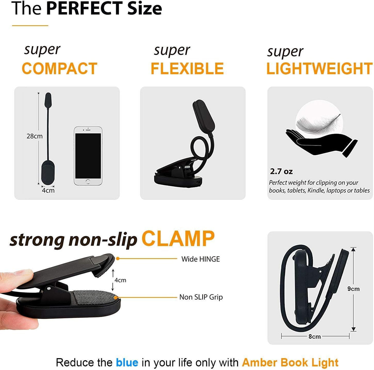 Amber Light + Giftable Amber Book Light - Blue Light Blocking - Night Reading Booklight Store. Rechargeable. 1600K for Reading in Bed at Night. Perfect as a Giftable Kindle Light and LED Book Light.