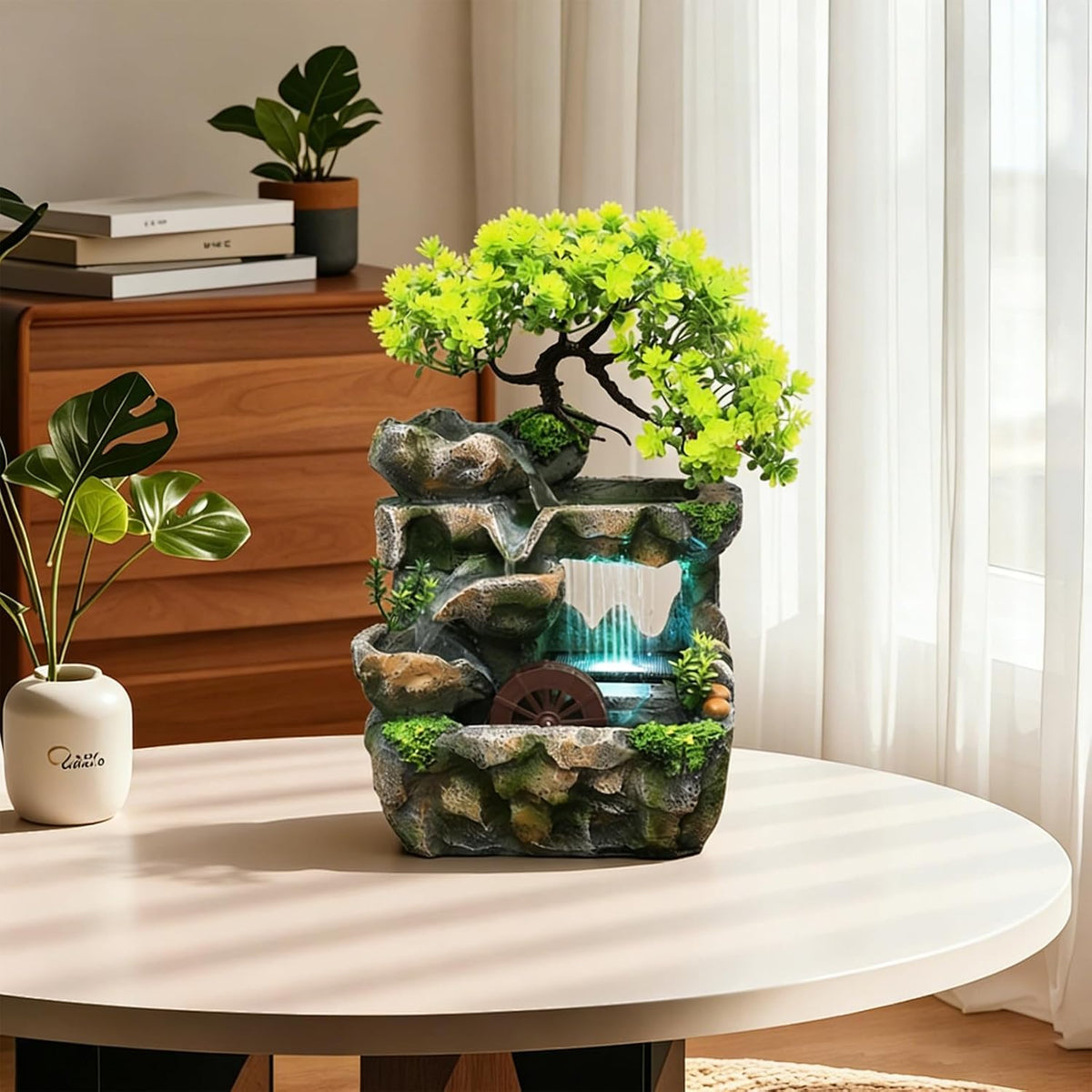 Tabletop Waterfall Fountain with Flowing Water & LED Lights – Indoor Resin Rockery Desk Fountain for Home, Office, Bedroom Relaxation & Decoration, Mini Desktop Water Featur