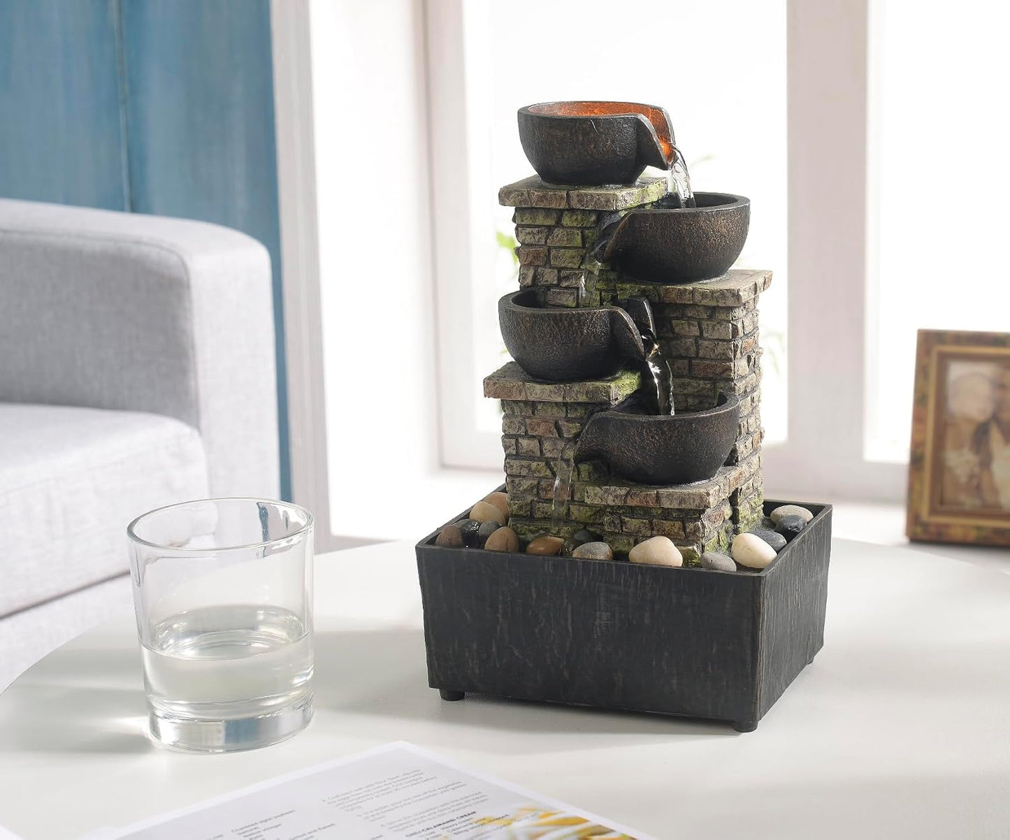 Haobos Indoor Tabletop Fountain 3-Tier Rockery Relaxation, Soothing Sound Home/Office/Bed Room Decor,Gifts for Mom/Grandma Relaxing Waterfall Meditation Tabletop Fountain LED Lights