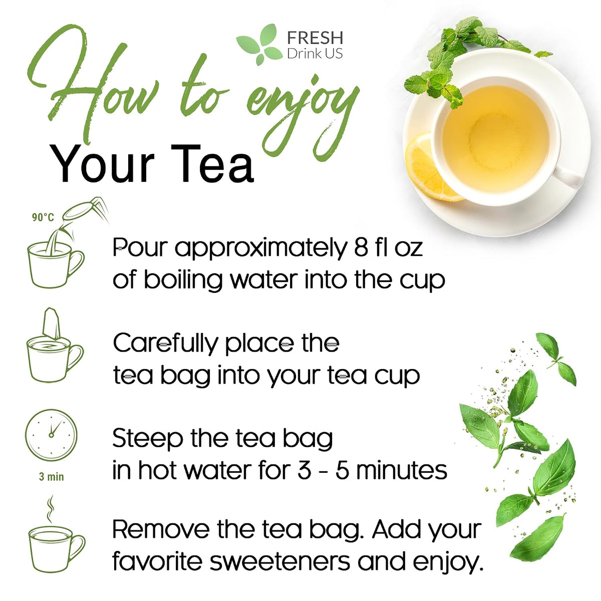 FreshDrinkUS, Premium 120 Lemon Balm Tea Bags, 100% Natural & Pure, Herbal Tea, No Sugar, No Caffeine, No Gluten, Vegan.