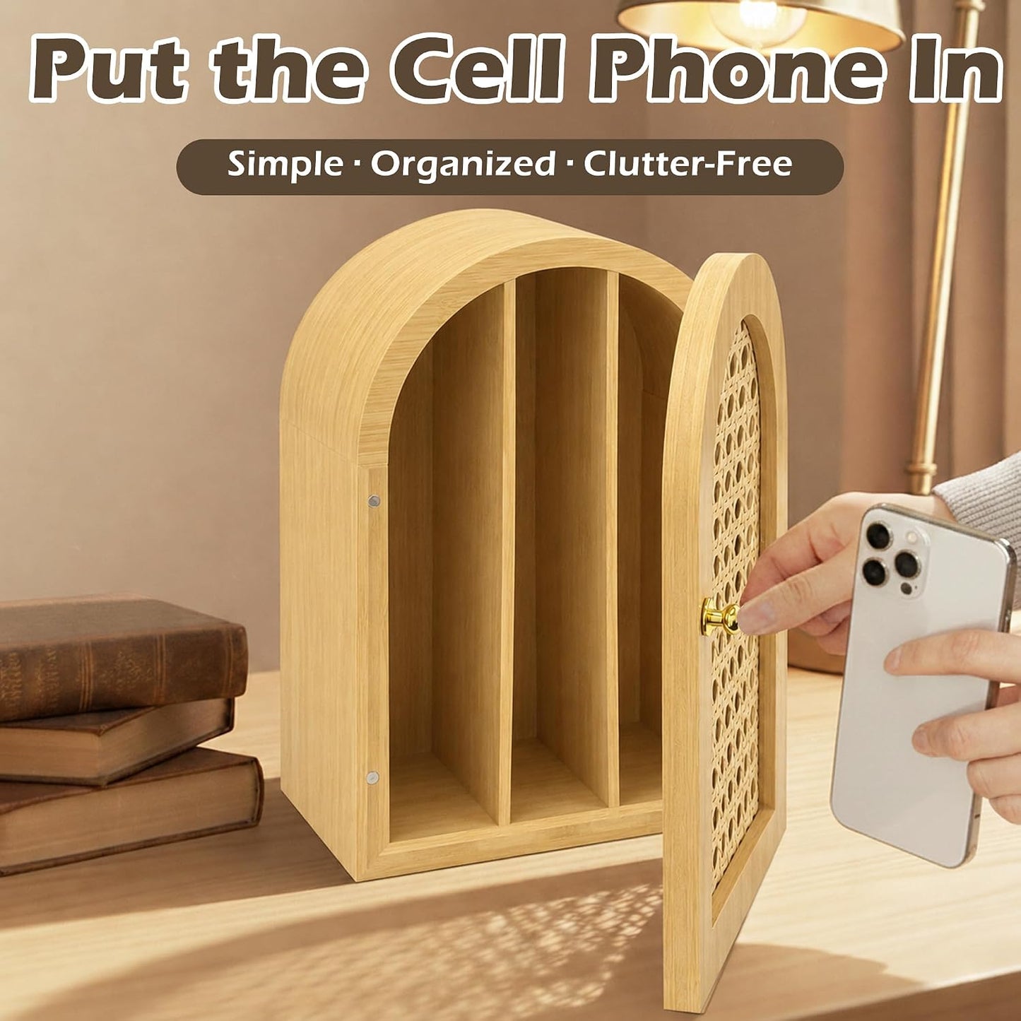 Bamboo Phone Box, Premium Cell Phone Box for Family Time, Cell Phone Jail with Charging Holes,Phone Lock Box Holds 6 Phones (Oak)