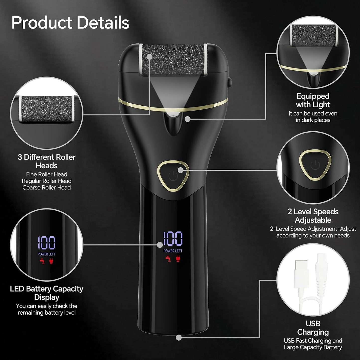 Electric Foot Callus Remover Rechargeable - 12 in 1 Pedicure Kit with 3 Rollers, Portable Foot File Scrubber for Dead Skin Removal, Waterproof & Painless, Home Foot Care Tool (5680-pink)