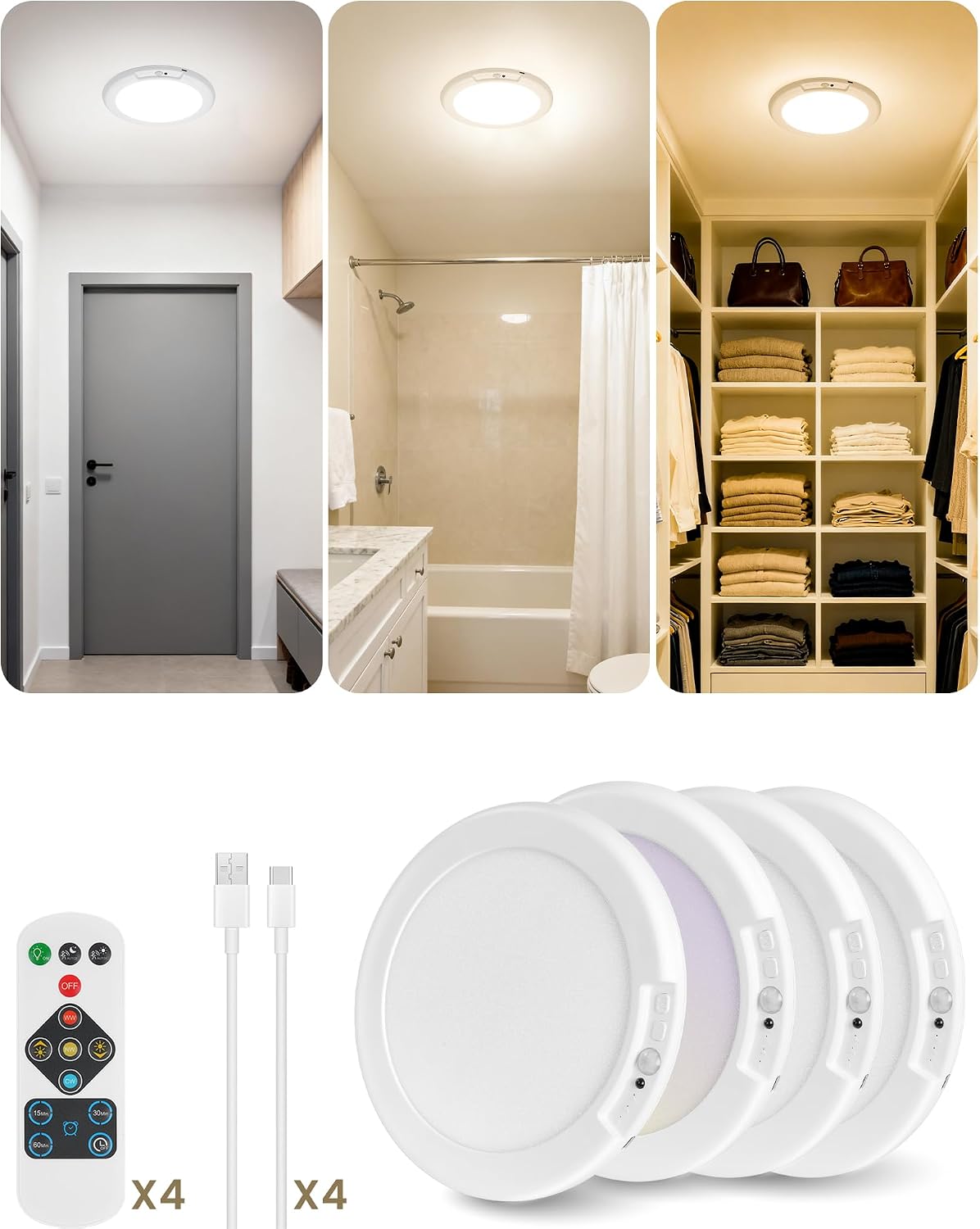 Rechargeable Motion Sensor Ceiling Light with Remote, Wireless, Magnetic