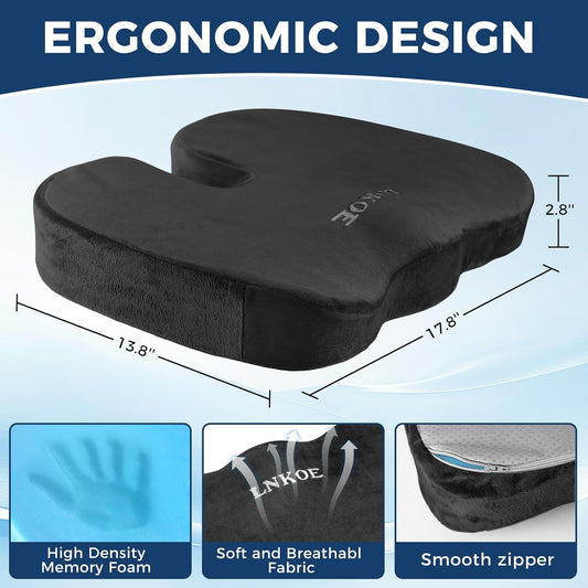 Gel Memory Foam Layer Wheelchair Cushion - Wheelchair Office Chair, Kitchen Chair, Car Seat - Pressure Pain and Tailbone Pain Relief - High Density Foam Base (Black)