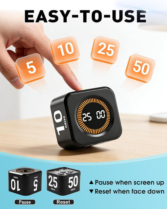 Pomodoro Timer Cube for Productivity — 5/25/10/50 Minutes Preset, Digital Gravity Sensor Desk Visual Timer for ADHD, Silent Mode, Ideal for Office, Study, Kitchen & Kids (White)