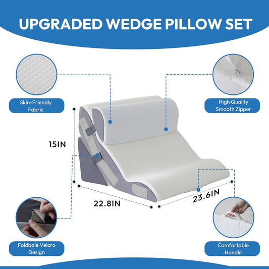 Ahpmeoa Wedge Pillow Set for After Surgery, Back Pillow for Bed Sitting up, 10-in-1 Foam Wedge Pillow for Acid Reflux & Back Pain Relief, Post Surgery Pillow for GERD & Snoring, White