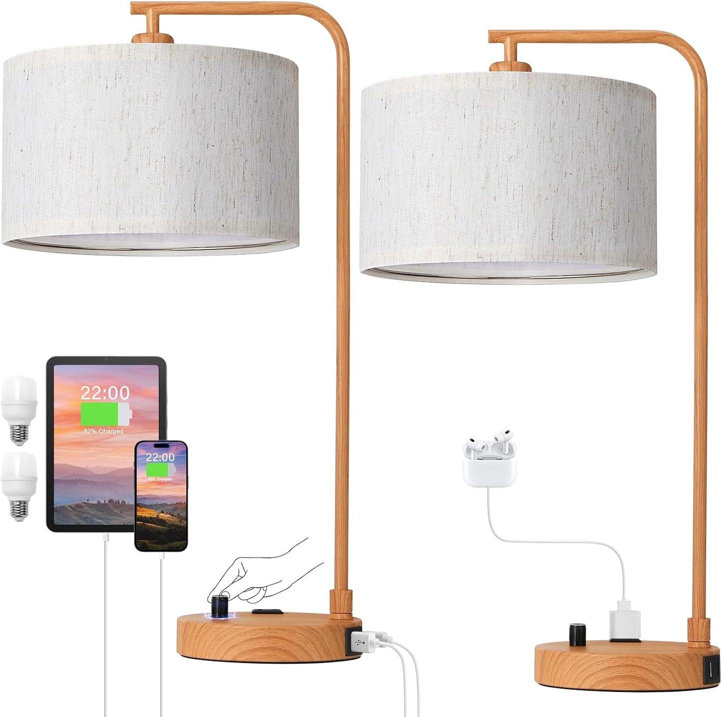 Innqoo Bedside Table Lamps for Bedroom Set of 2-Dimmable Nightstand Lamps with USB Port and Outlet,Modern Gold Lamps with Linen Shade,Tall Desk Lamps for Home Office Bedroom Living Room End Table