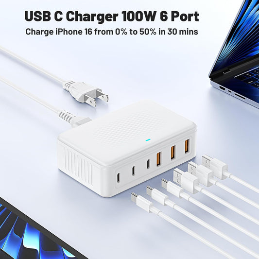USB C Fast Charger Block, 100W GaN 6 Port Type C Charging Station Hub,Wall Charger Power Strip Adapter Plug Cube Brick Box for Apple iPhone Duo 18 17 16 15 14 13 12 Pro Max/iPad/Pixel/Samsung Galaxy