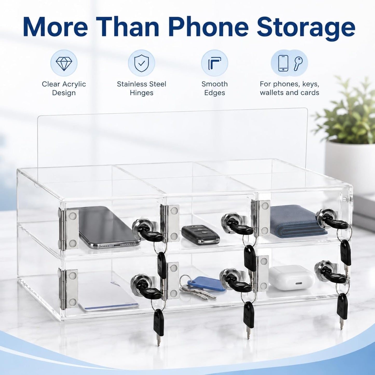 YOUNTHYE 6 Slot Cell Phone Locker, Clear Acrylic Phone Lock Box with Individual Keys, Wall Mounted Phone Storage Cabinet for Classroom, Office, Employees, Meetings and Small Teams