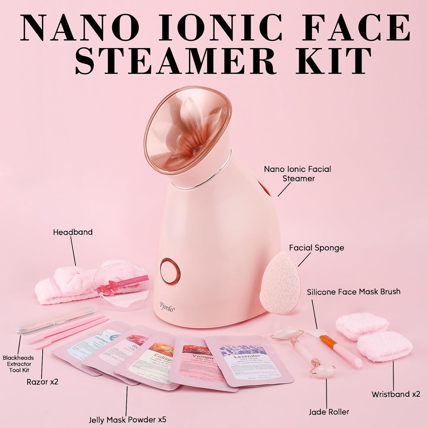 Pjordo Facial Steamer Spa Kit, 12 Skin Care Tools & 5 Jelly Mask Powder, Nano Ionic Steamer for Facial Deep Cleaning Unclog Pores Sinuses, Warm Mist Humidifier for Home SPA, Self Care Gifts for Women