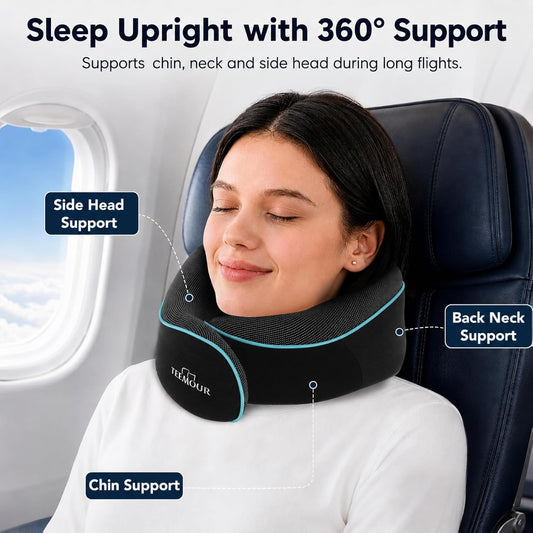Travel Pillow Neck Pillow for Airplane Travel Essentials - Memory Foam Travel Neck Pillow, Stops Head Bobbing With Eye Mask & Earplugs, Portable Carry Bag for Long Flights| Airplane Accessories Black