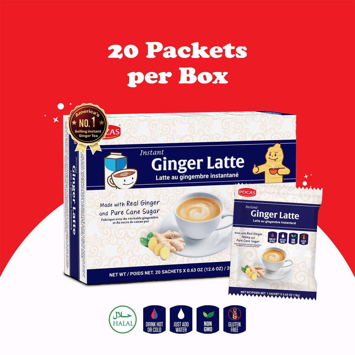 Pocas Ginger Latte Instant Tea, Ginger Extract Blended with Non-Dairy Creamer, Pure Cane Sugar, and Real Milk, 20 Packets per Box
