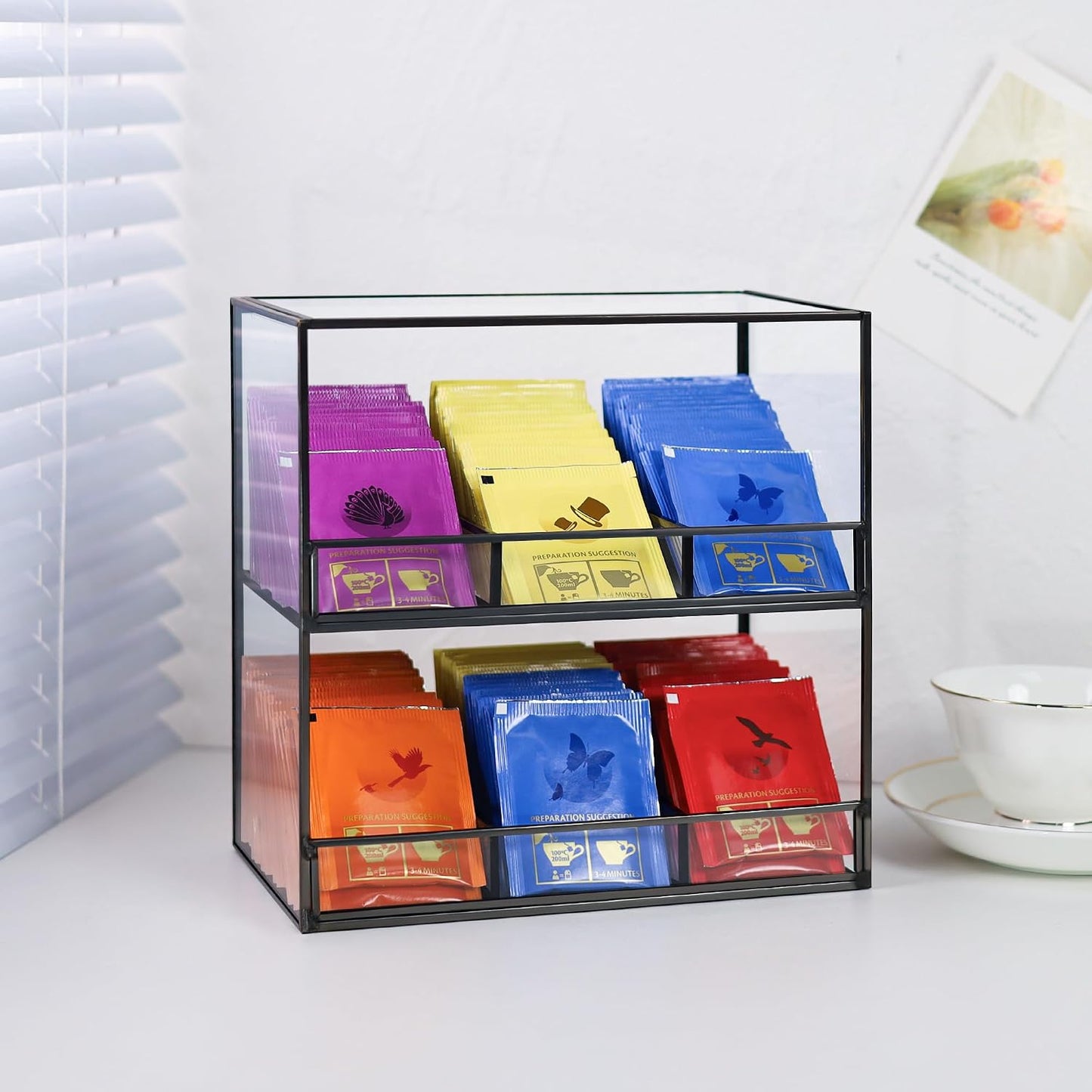 REDHUGO Glass Tea Bag Organizer for Counter, 2-Tier Teabag Organizer Storage Holder for Tea Bags, Glass Caddy Box Containers, Rack Teabag Station Stand for Cabinet Kitchen, 2-Tier, Gold