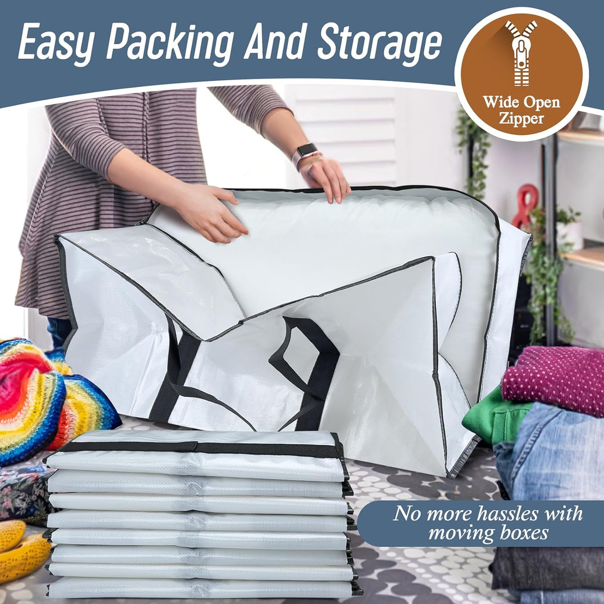 Extra Heavy Duty Large Moving Bags with Strong Zipper, Dark Blue