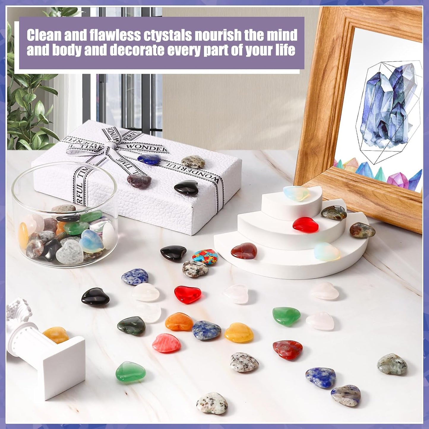 100PCS Worry Stones Heart Shape Healing Crystals, Anxiety Crystal Bulk 0.8 Inch Gem Stones Rocks Crystals Natural Cute Pocket Meditation Heart Beads Wholesale Set Gifts