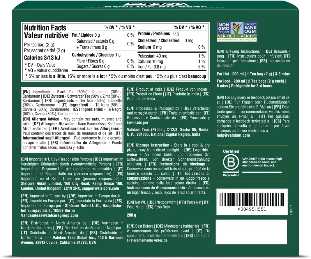 VAHDAM Sweet Cinnamon Chai Tea Bags (100 Count) Masala Chai Pyramid TeaBags
