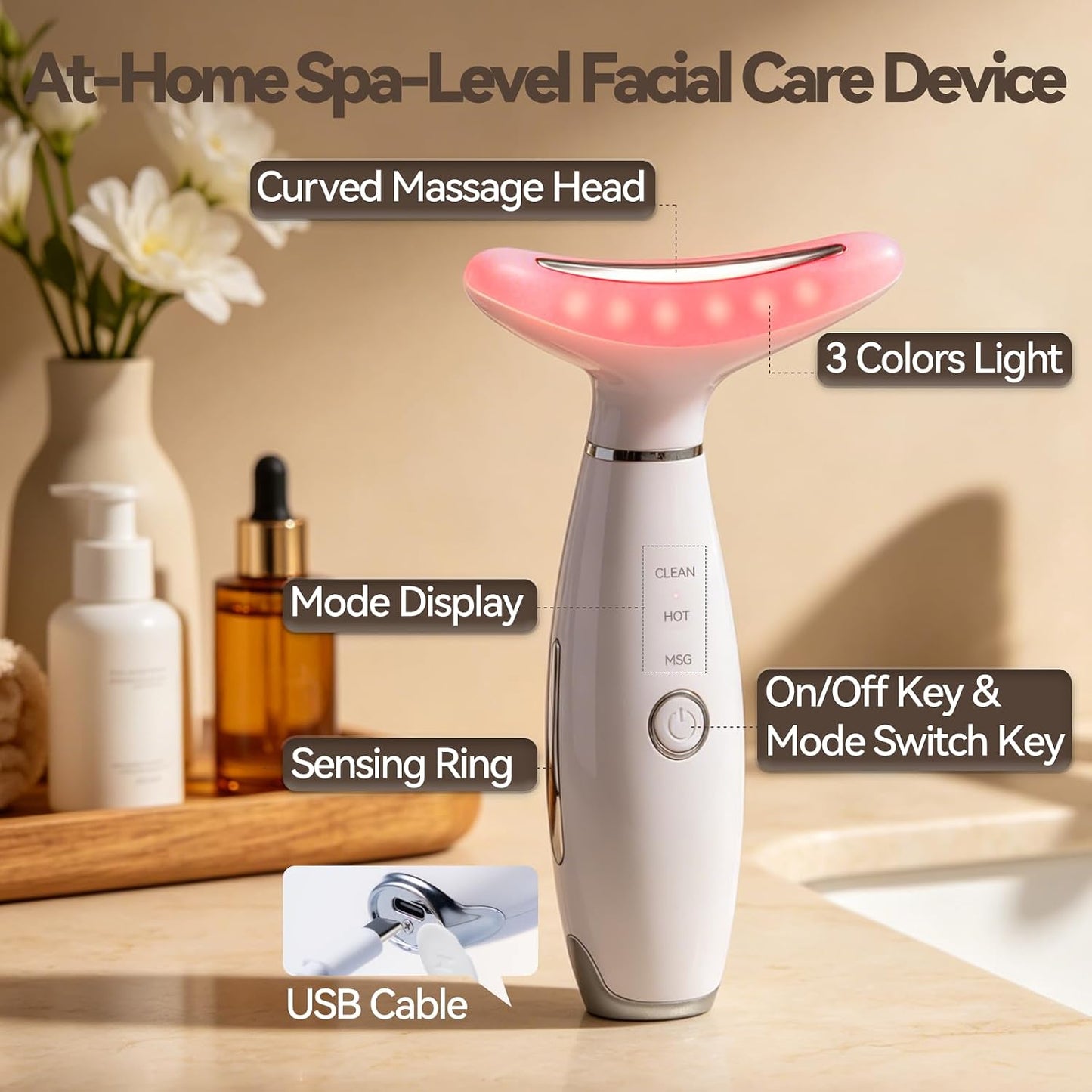 Neck Face Massager Tool, 3-in-1 Portable Facial Massager, Face Sculpting Tool at Home for Skin Care with Vibration (White)