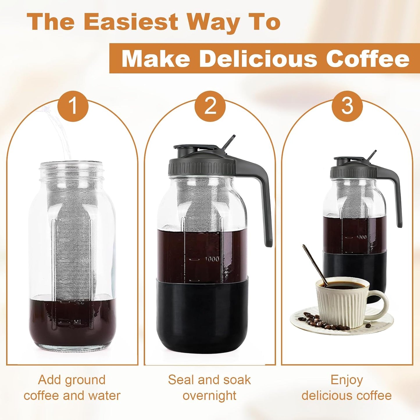 Cold Brew Coffee Maker,64 oz Mason Jar Pitcher with Stainless Steel Filter, Pour Spout Handle Lid, Heavy Duty Glass Airtight & Leak-Proof for Iced Coffee,Tea & Lemonade