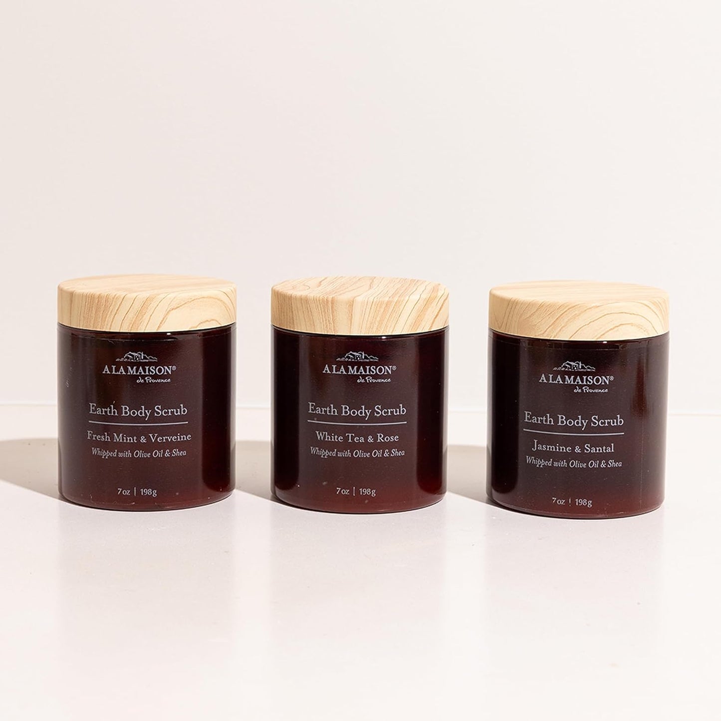 A LA MAISON Earth Body Scrub Amber Collection Natural Pumice Scrub with Shea Butter & Olive Oil – Gently Exfoliates & Softens Skin – French Formula – Plant-Based – 7 oz (Jasmine & Santal)